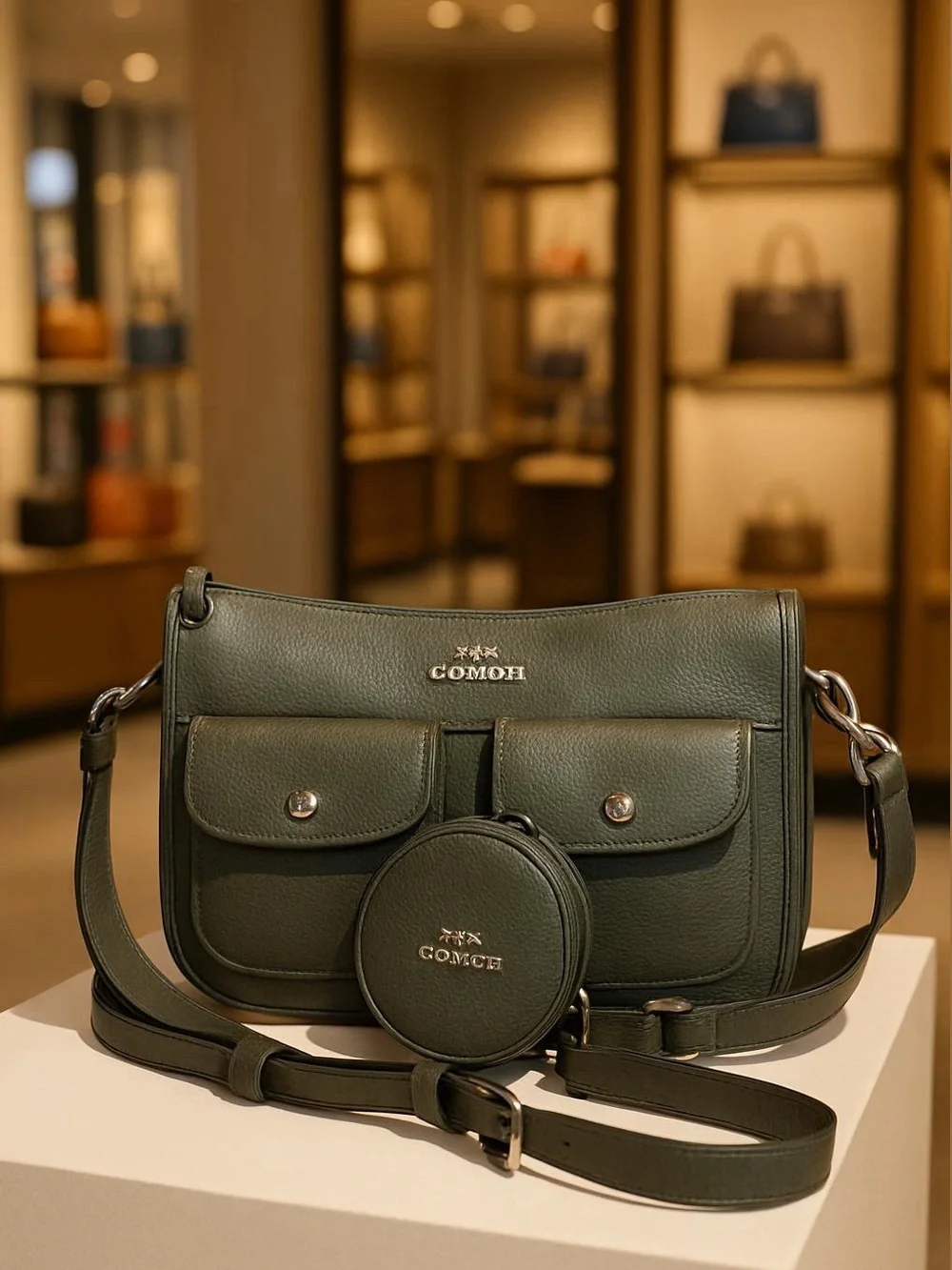 COACH Olive Green Leather Crossbody Bag & Coin Case - Picture 1 of 16